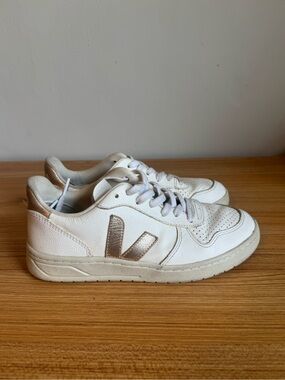 Veja White Sneakers with Metallic Gold V Accent
